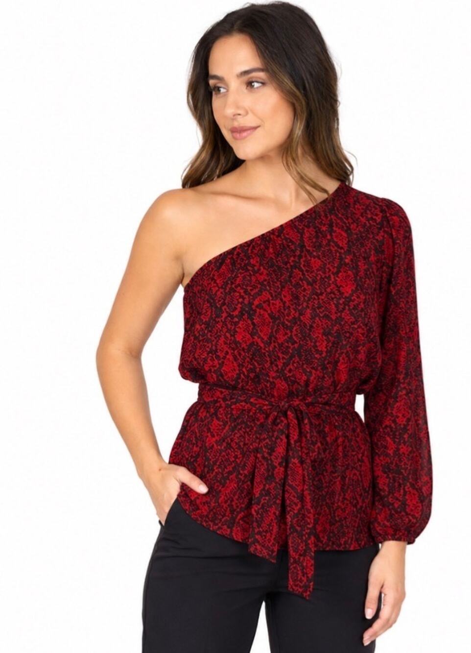 Michael Michael Kors Women’s One-Shoulder Snake Print Blouse, Red/Black, Size Me